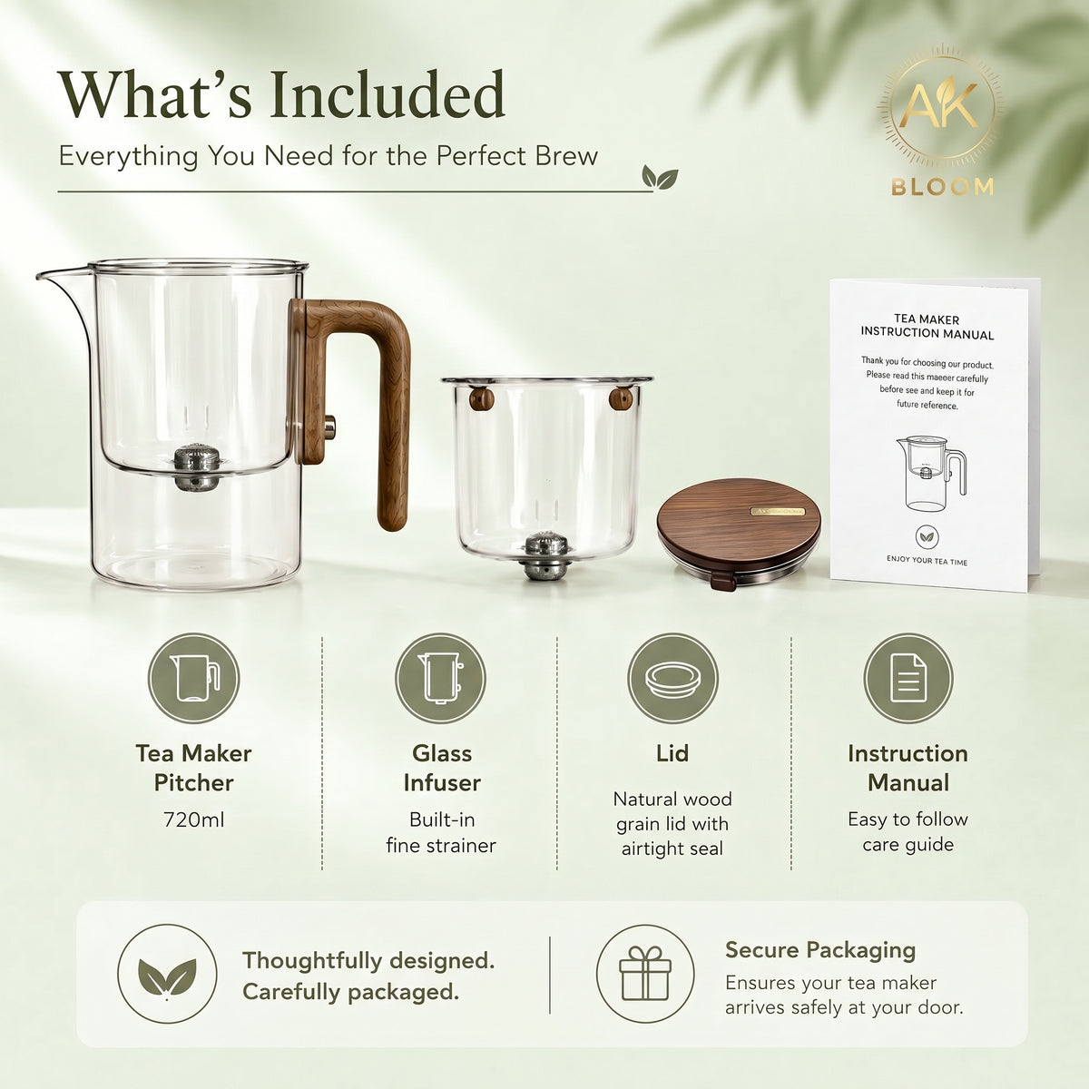 AK BLOOM 720ml magnetic glass tea maker with glass infuser, wood-grain lid and handle, and instruction manual
