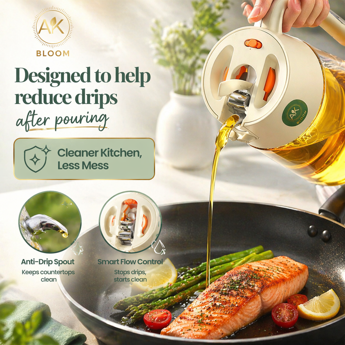 AK Bloom 2-in-1 oil sprayer and pourer with anti-drip spout pouring oil for cooking