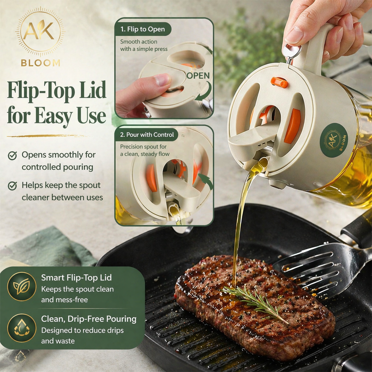 AK Bloom 2-in-1 oil sprayer and pourer with flip-top lid for controlled drip-free pouring while cooking