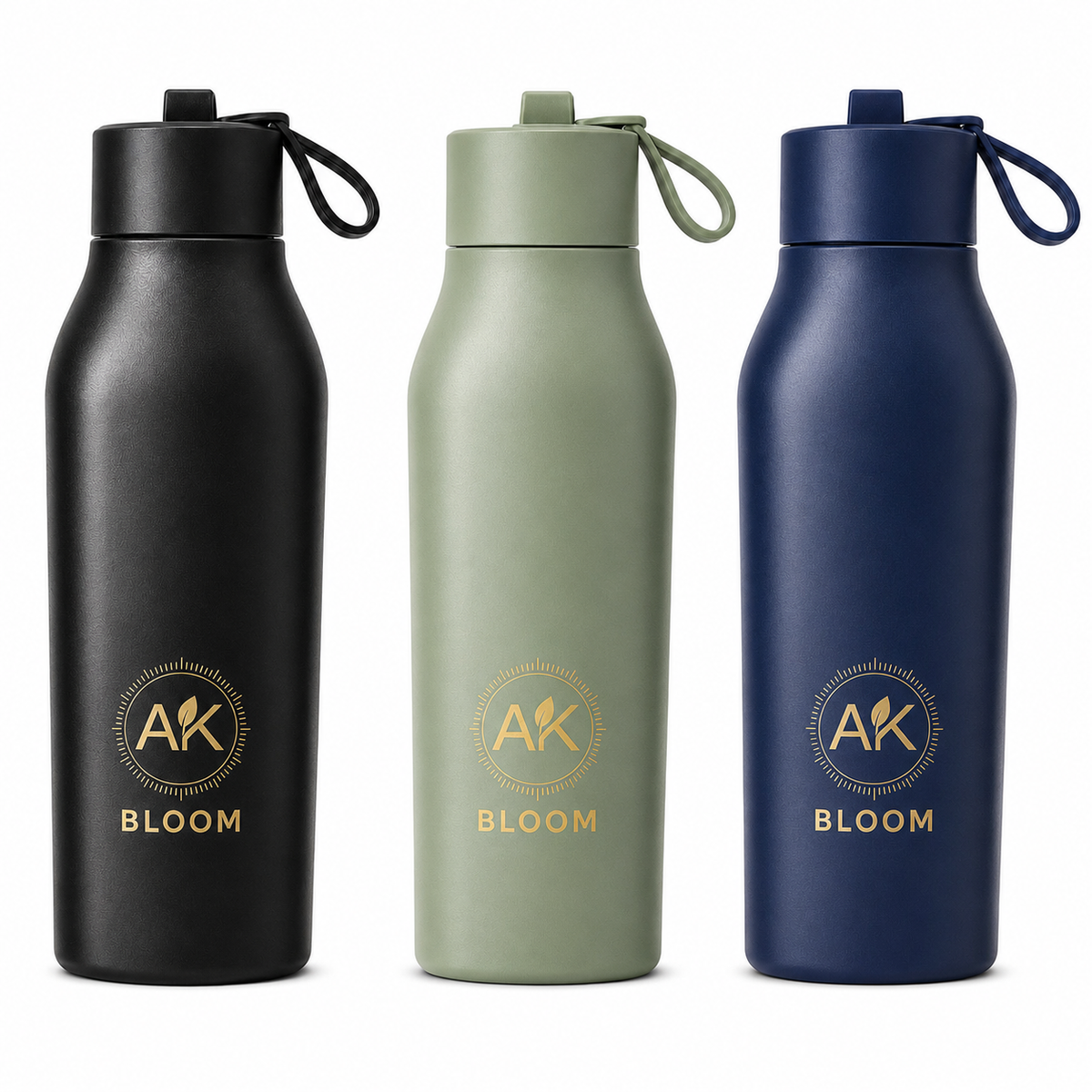 AK BLOOM 600ml insulated stainless steel water bottles in black, sage green and navy blue