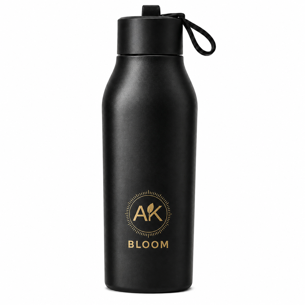 AK BLOOM black insulated stainless steel water bottle with screw-on lid and carrying loop