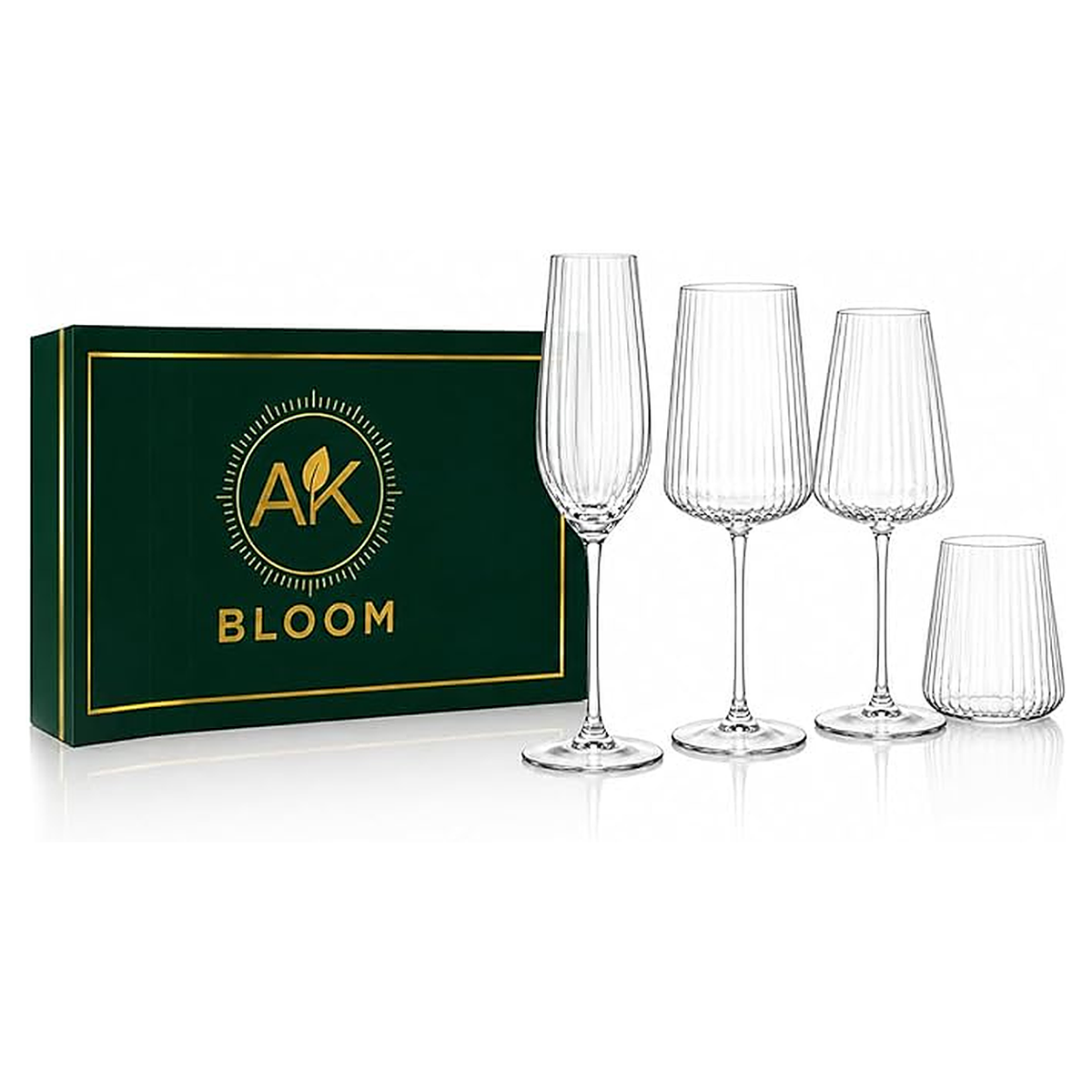 AK BLOOM mixed ribbed crystal glassware set featuring four clear glasses, displayed beside a dark green and gold gift box on a white background.