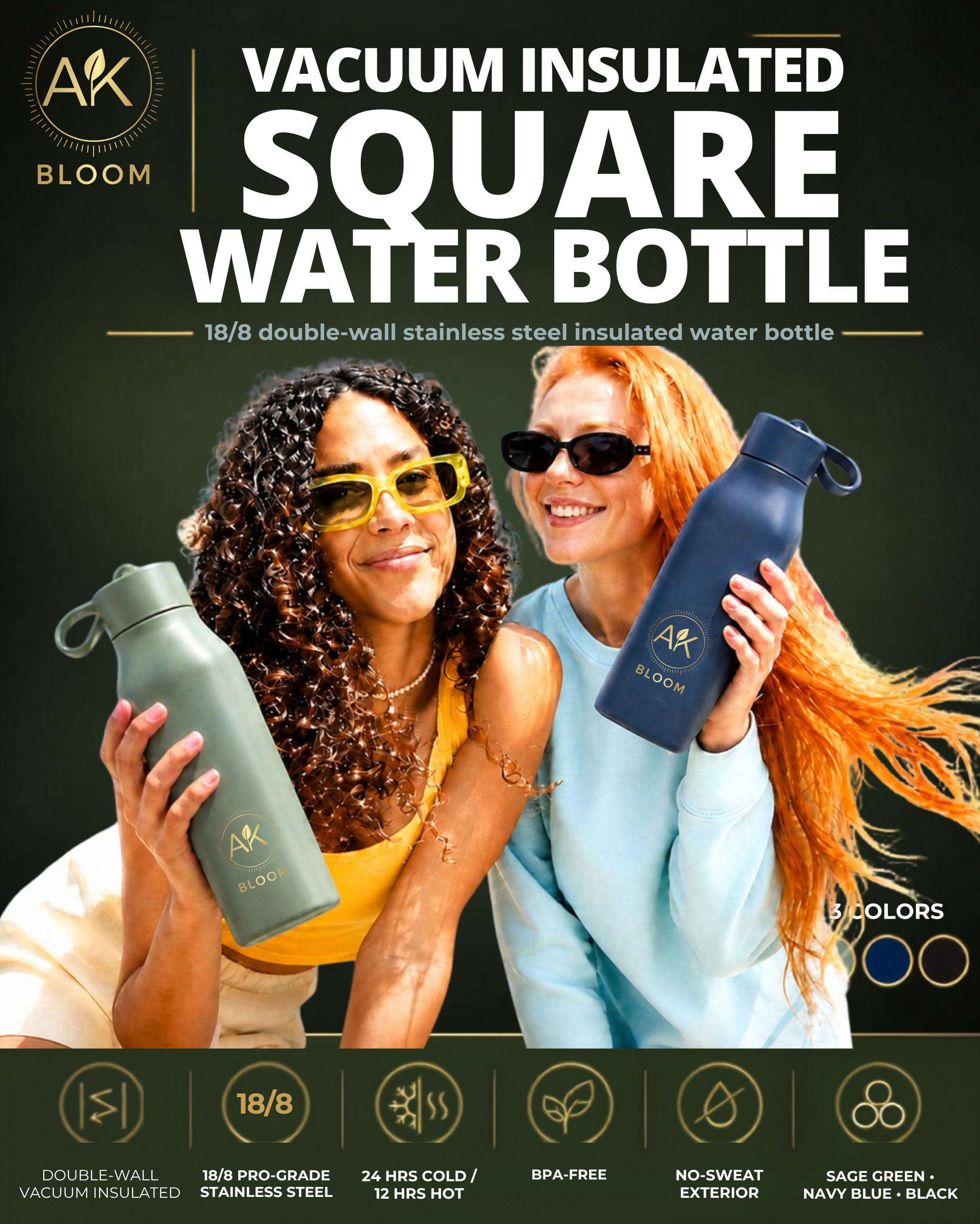 AK BLOOM Stainless Steel Insulated Square Water Bottle 600ml
