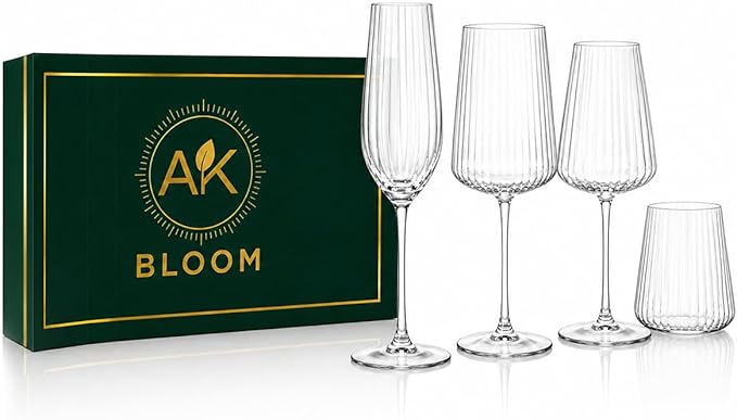 4-Piece Mixed Glass Set, Assorted Ribbed Crystal-Clear Glassware, Premium Gift Box
