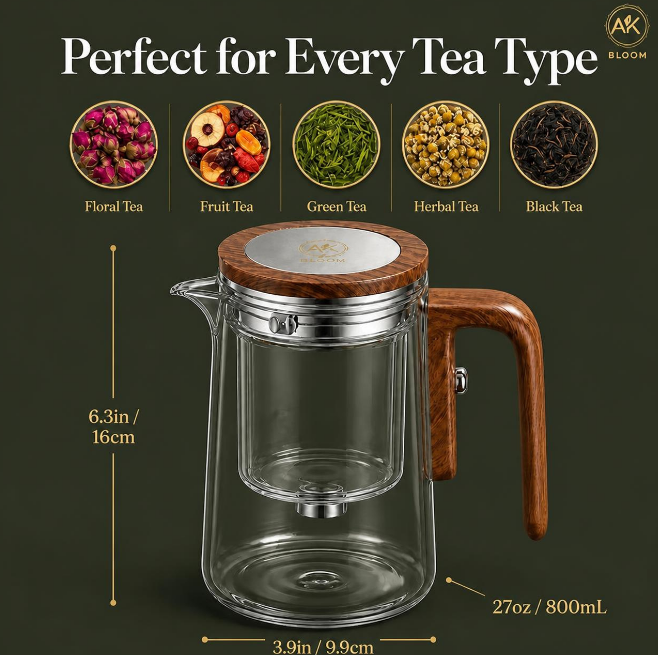 AK BLOOM Glass Teapot with Magnetic Infuser & Wooden Lid – 600ml or 800ml | Loose Leaf Tea Gift