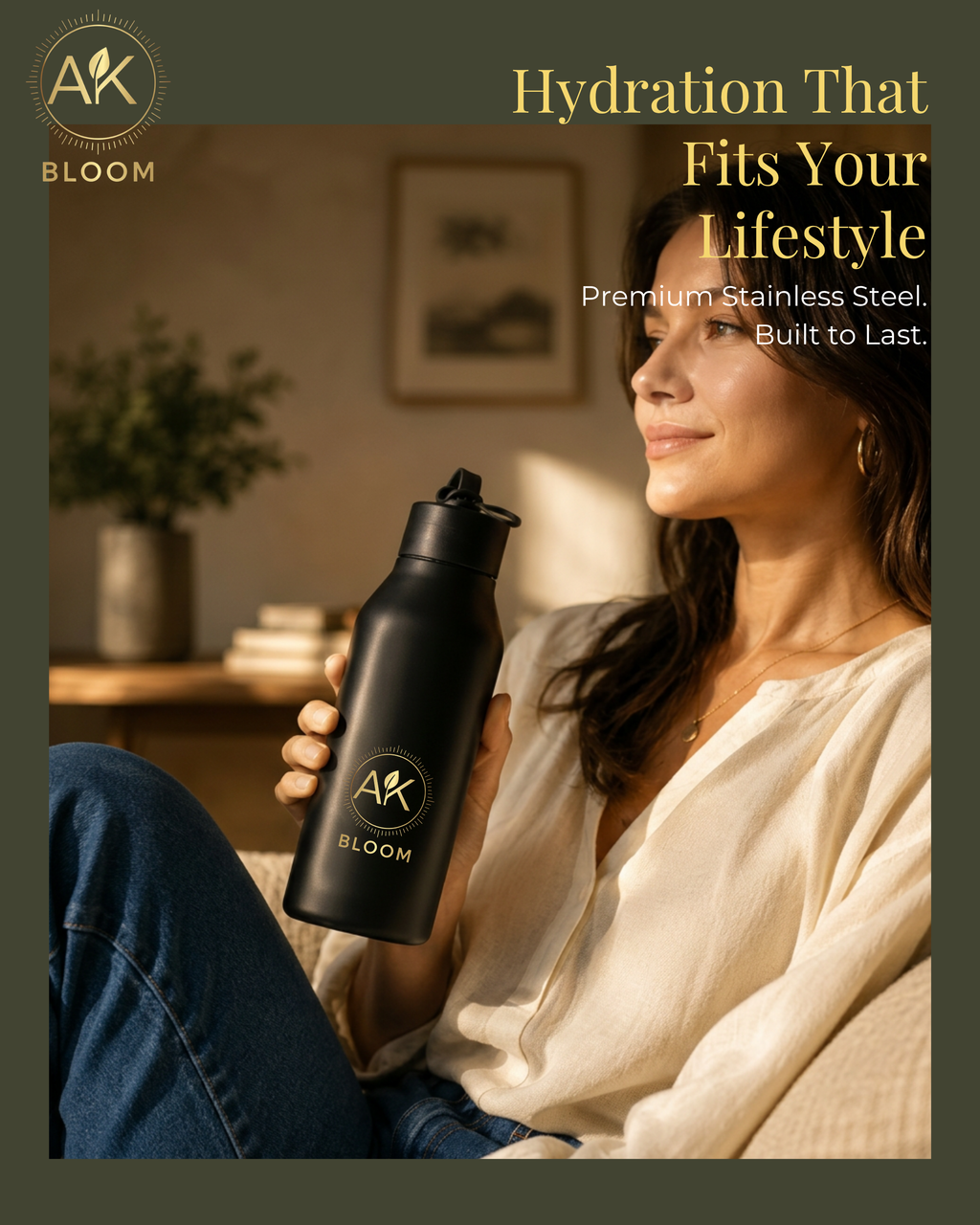 AK BLOOM Stainless Steel Insulated Square Water Bottle 600ml
