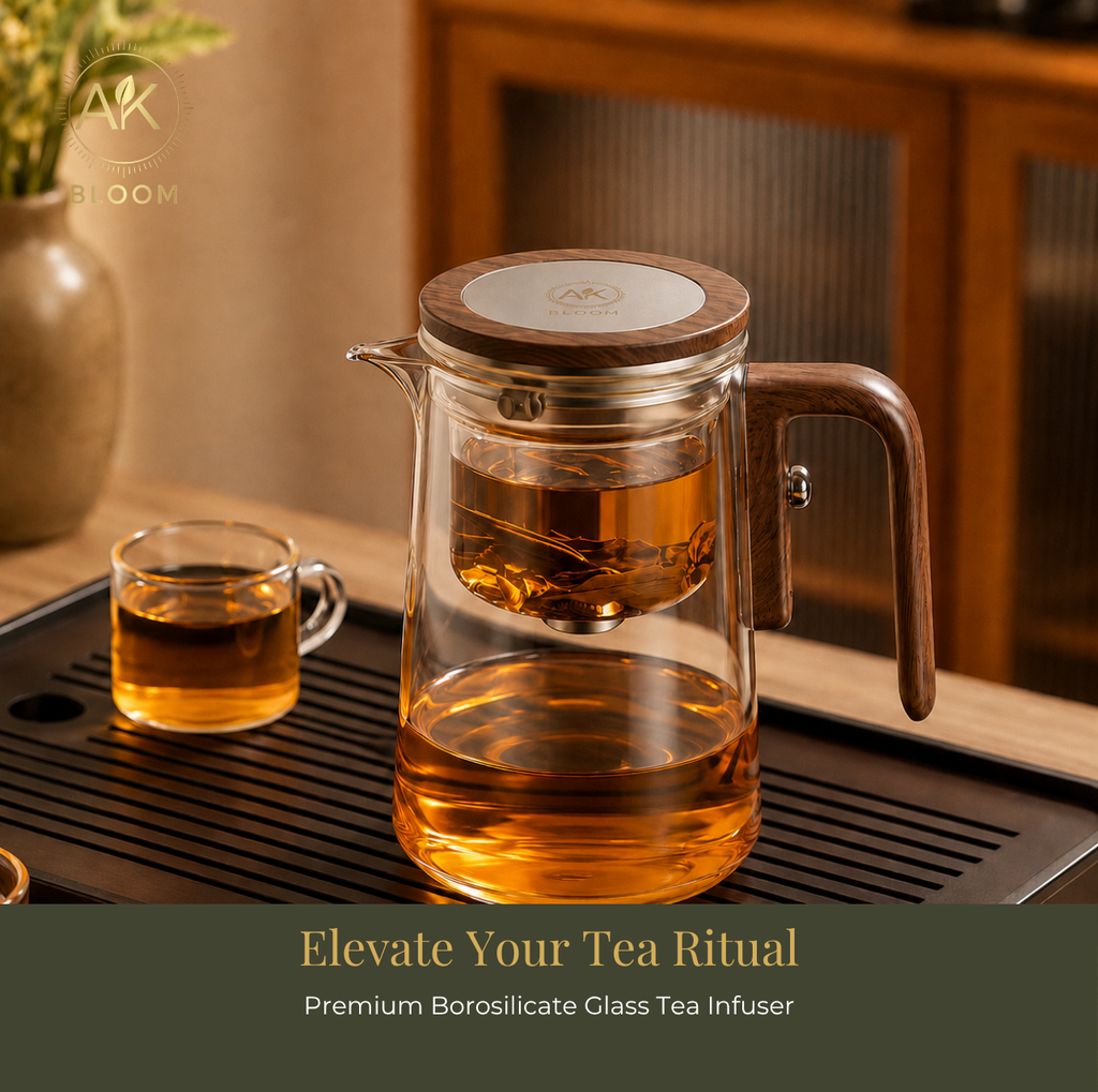 AK BLOOM Glass Teapot with Magnetic Infuser & Wooden Lid – 600ml or 800ml | Loose Leaf Tea Gift