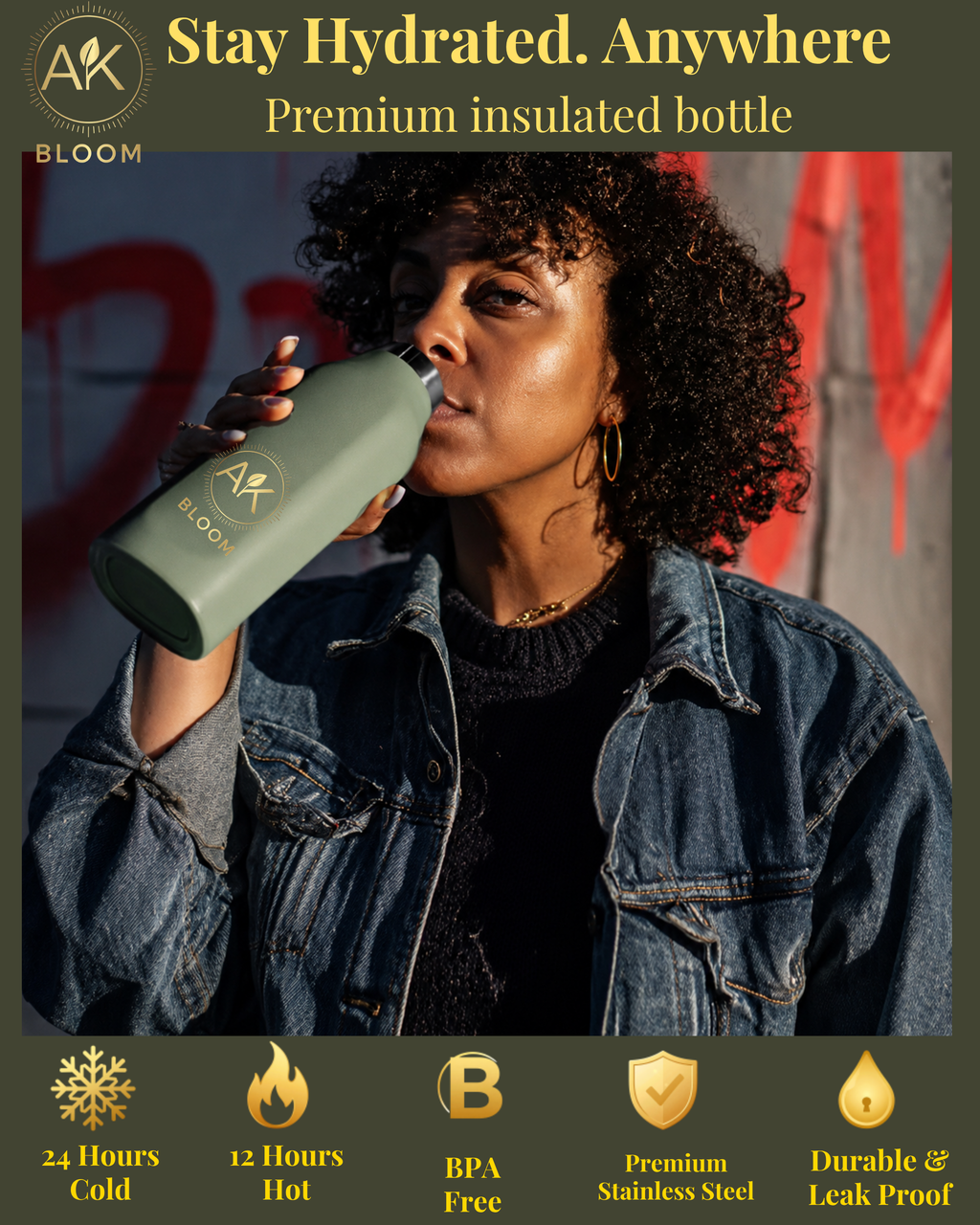 AK BLOOM Stainless Steel Insulated Square Water Bottle 600ml
