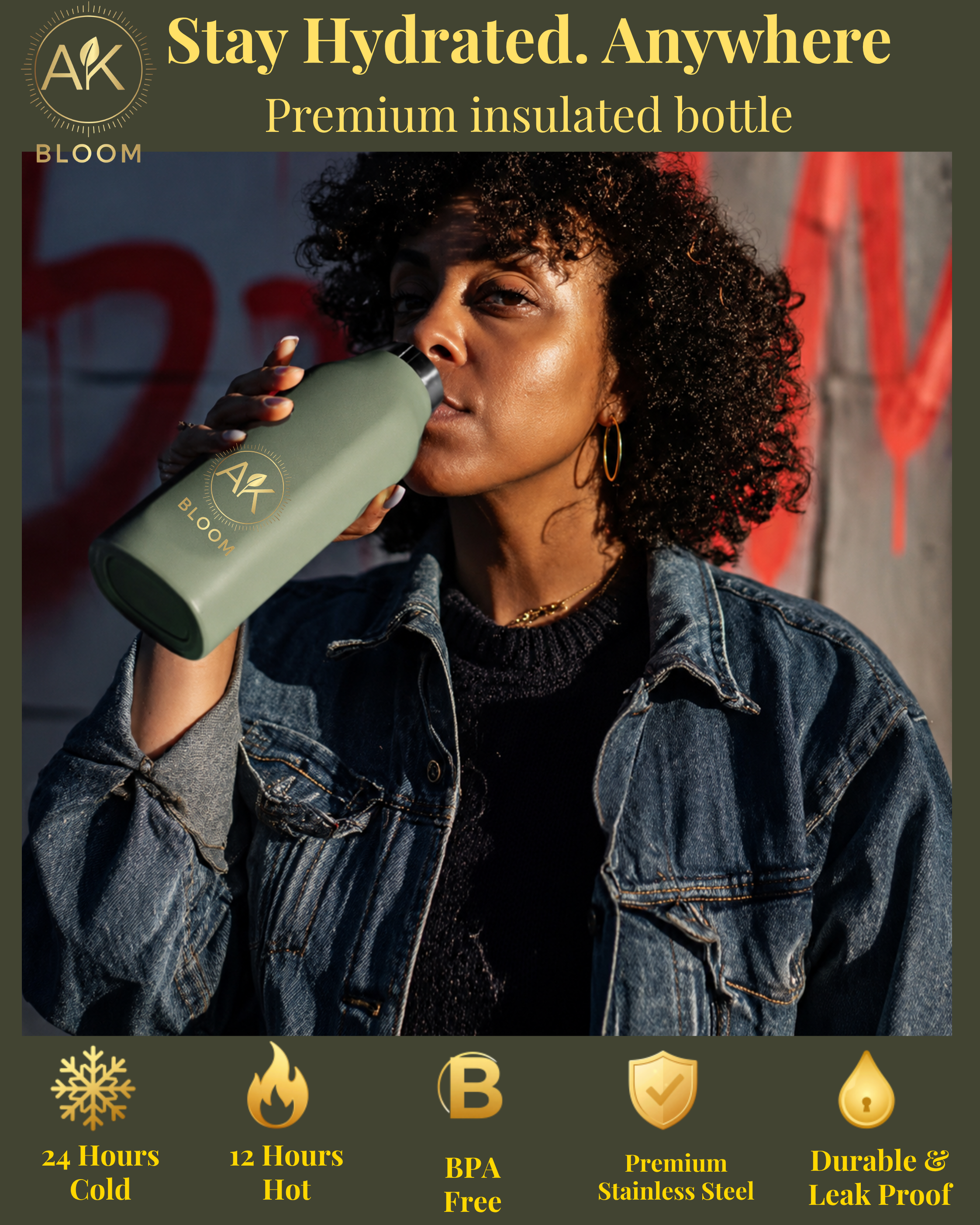 AK BLOOM Stainless Steel Insulated Square Water Bottle 600ml