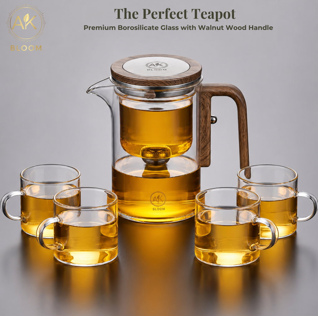 AK BLOOM Glass Teapot with Magnetic Infuser & Wooden Lid – 600ml or 800ml | Loose Leaf Tea Gift