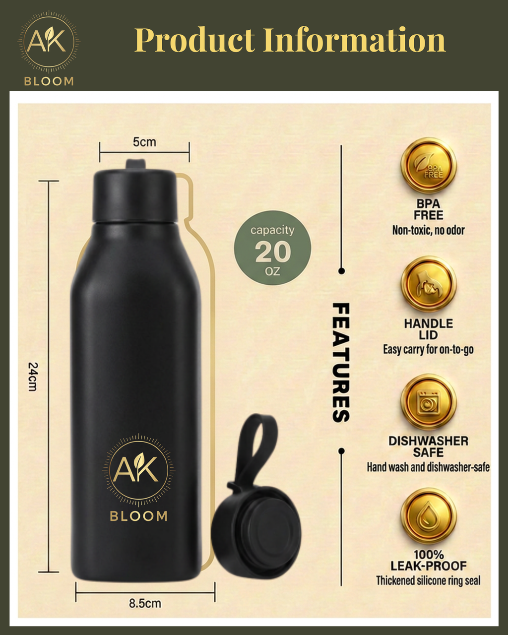 AK BLOOM Stainless Steel Insulated Square Water Bottle 600ml