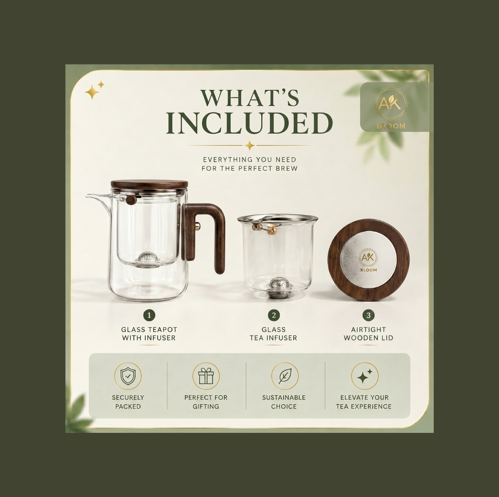 AK BLOOM Glass Teapot with Magnetic Infuser & Wooden Lid – 600ml or 800ml | Loose Leaf Tea Gift