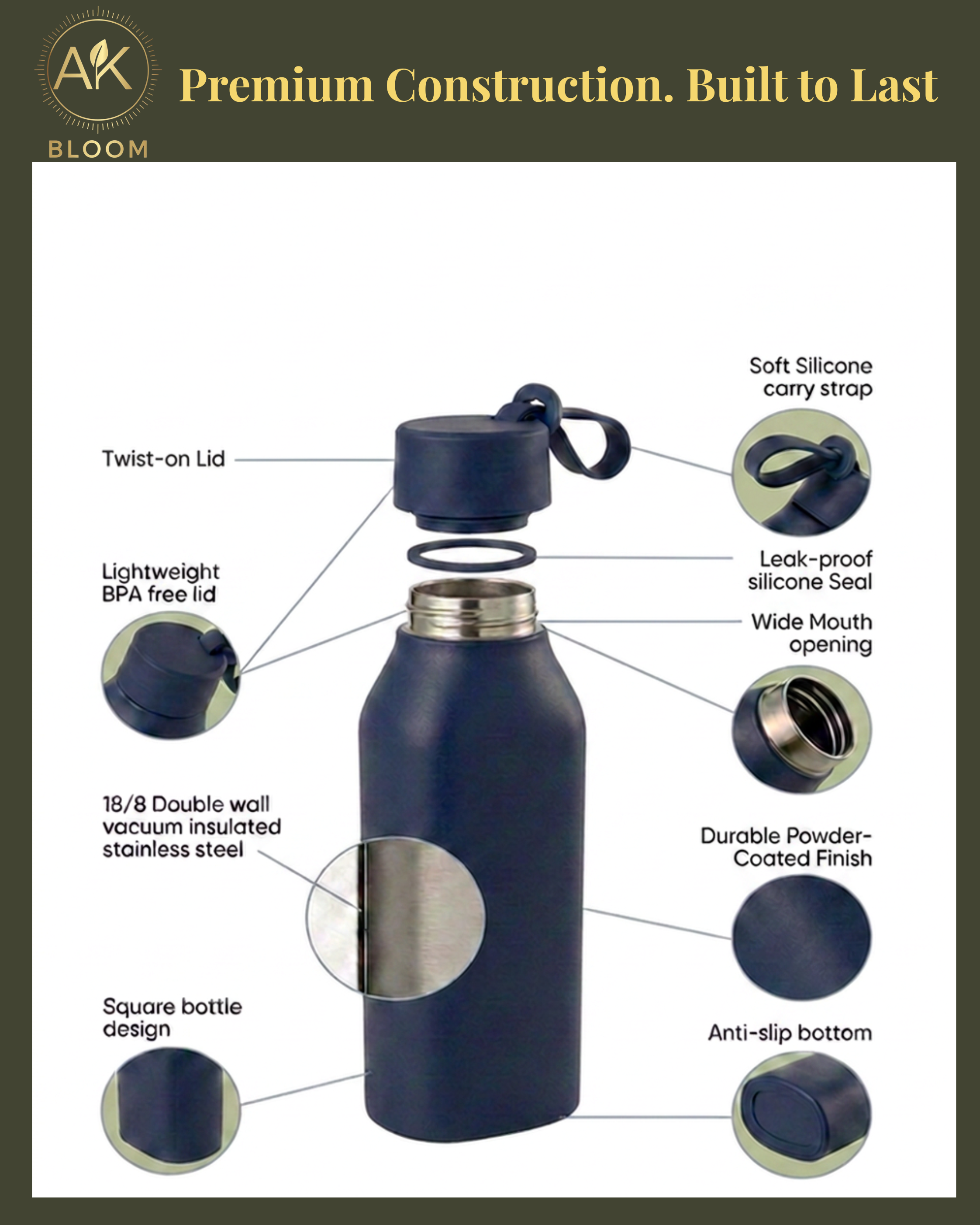 AK BLOOM Stainless Steel Insulated Square Water Bottle 600ml