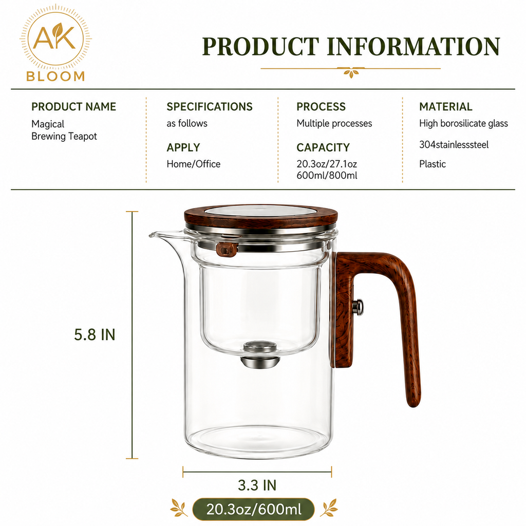 AK BLOOM Glass Teapot with Magnetic Infuser & Wooden Lid – 600ml or 800ml | Loose Leaf Tea Gift