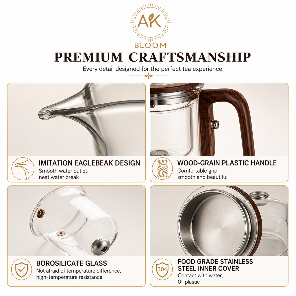 AK BLOOM Glass Teapot with Magnetic Infuser & Wooden Lid – 600ml or 800ml | Loose Leaf Tea Gift