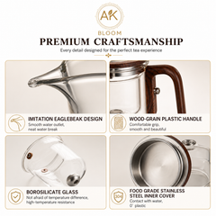 AK BLOOM borosilicate glass teapot craftsmanship details with precision spout, wood-grain handle and food-grade stainless components