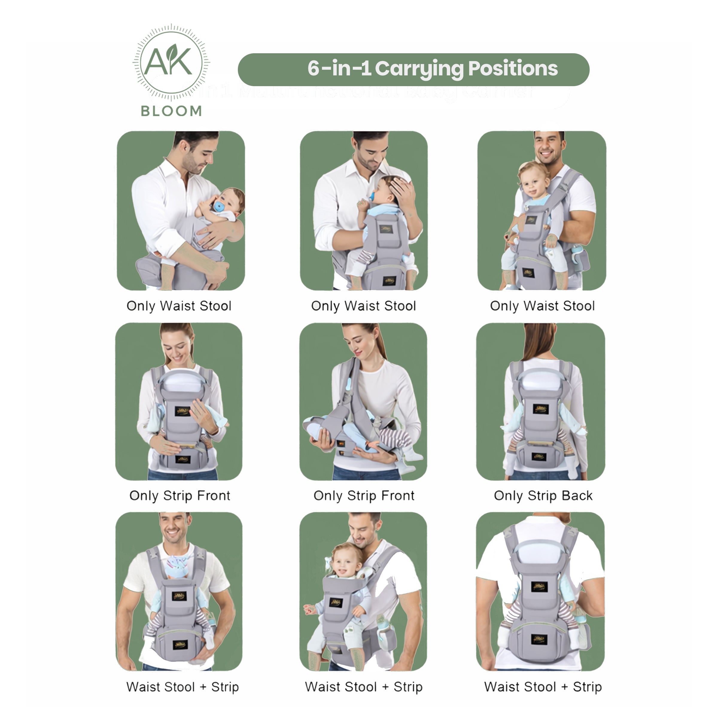 AK BLOOM Baby Carrier – Ergonomic Newborn Carrier 3.5–15 kg, Front & Back Carry, Breathable & Adjustable