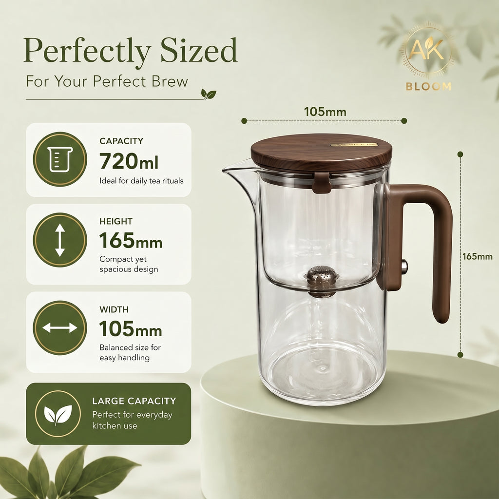 AK BLOOM 720ml Glass Teapot with Magnetic Infuser & Wooden Lid