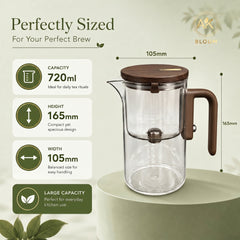 AK BLOOM 720ml borosilicate glass teapot with built-in infuser, 165mm height and 105mm width