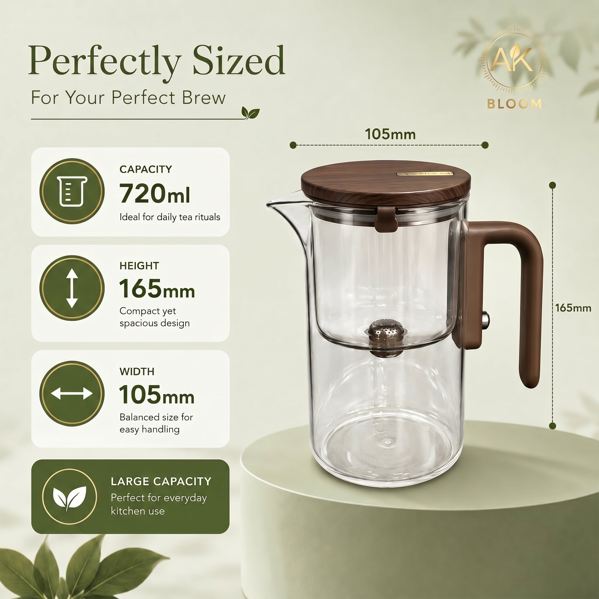 AK BLOOM 720ml Glass Teapot with Magnetic Infuser & Wooden Lid