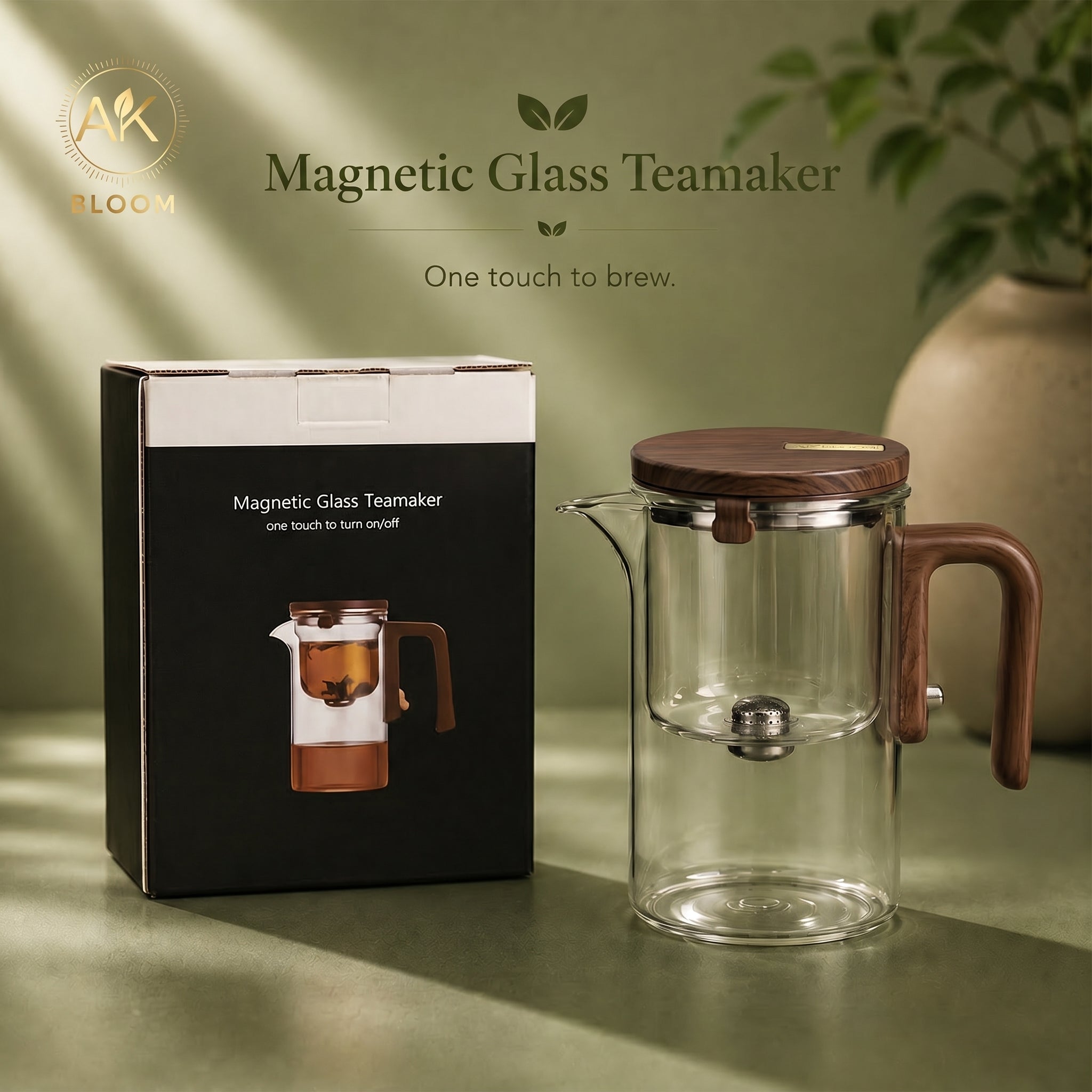 AK BLOOM 720ml Glass Teapot with Magnetic Infuser & Wooden Lid