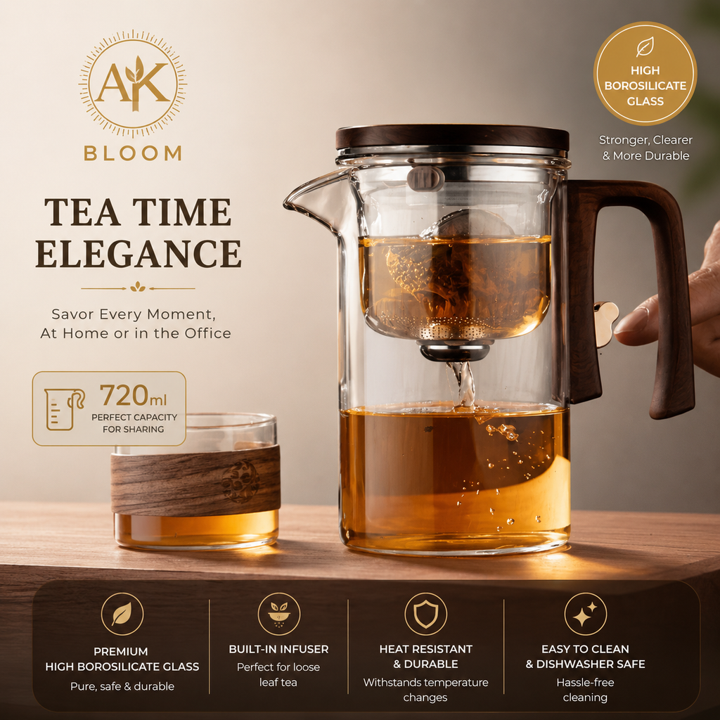 AK BLOOM 720ml Glass Teapot with Magnetic Infuser & Wooden Lid