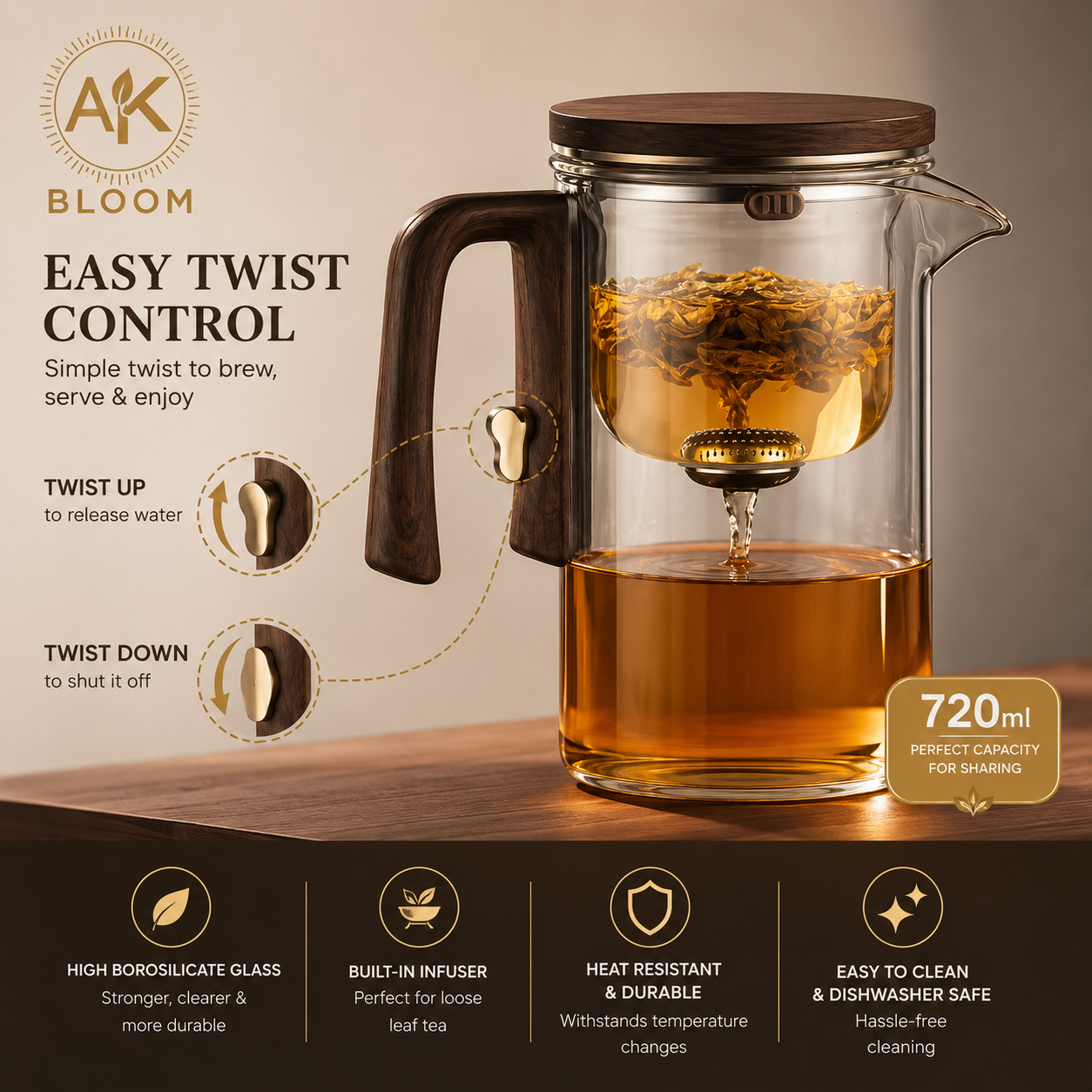 AK BLOOM 720ml Glass Teapot with Magnetic Infuser & Wooden Lid