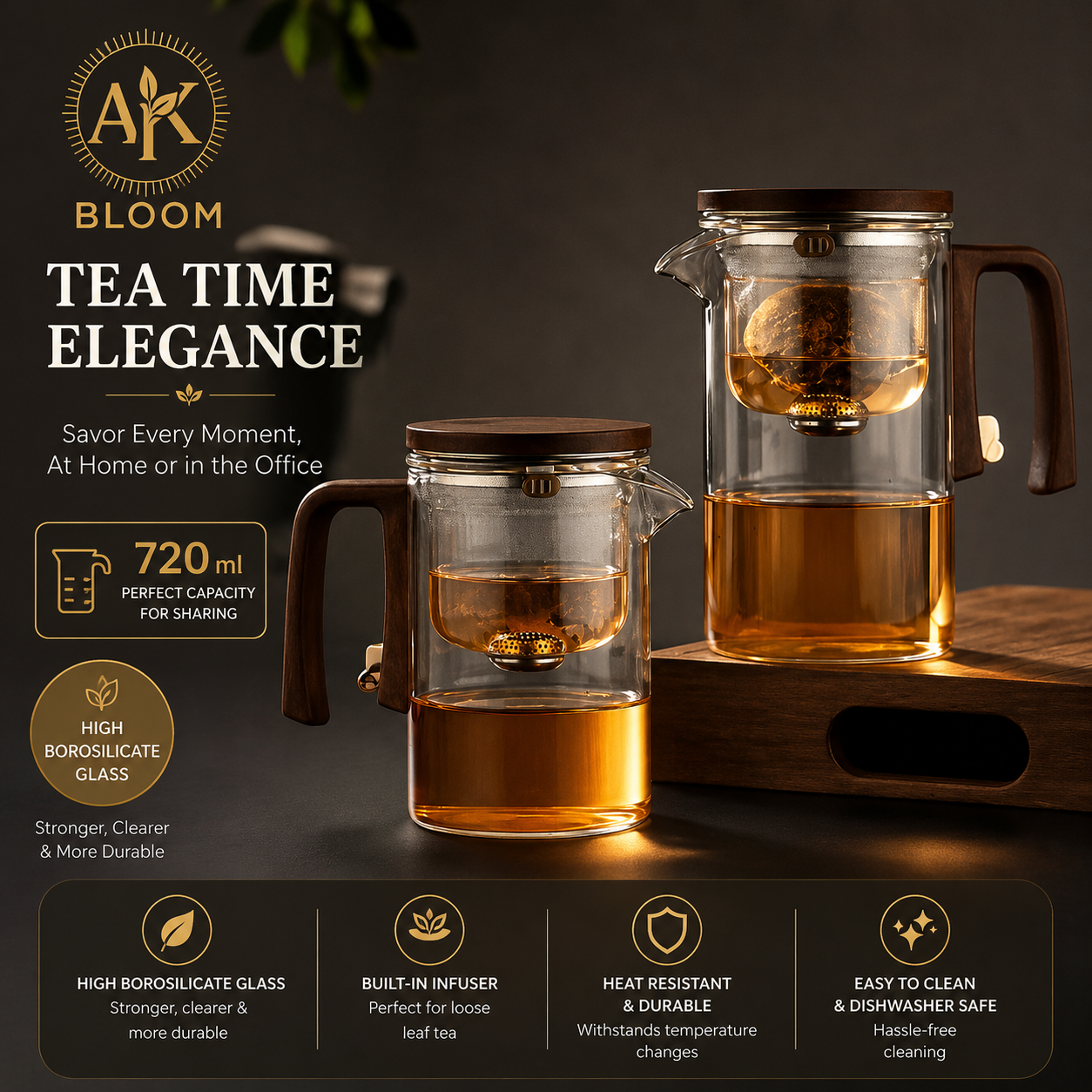 AK BLOOM 720ml Glass Teapot with Magnetic Infuser & Wooden Lid