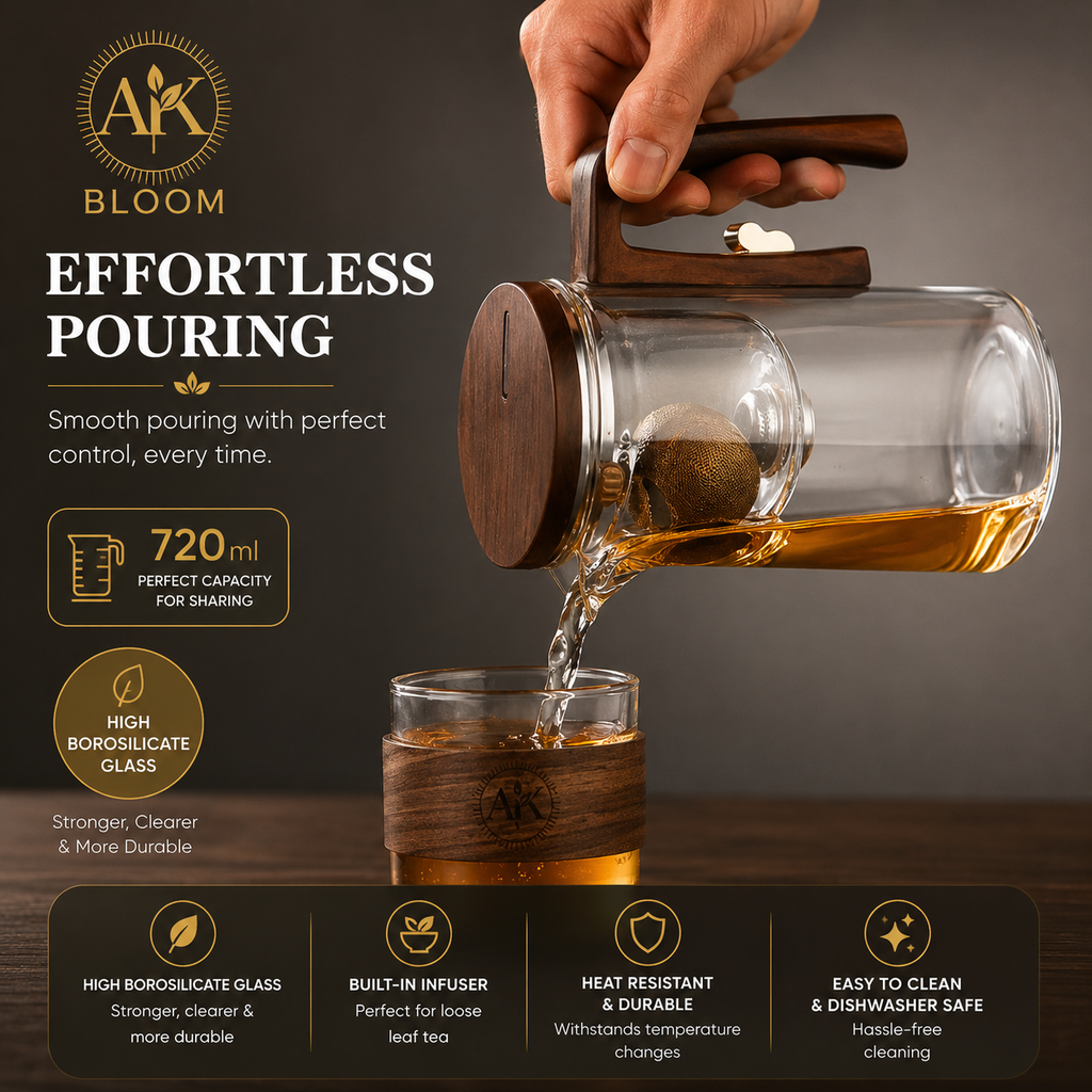AK BLOOM 720ml Glass Teapot with Magnetic Infuser & Wooden Lid