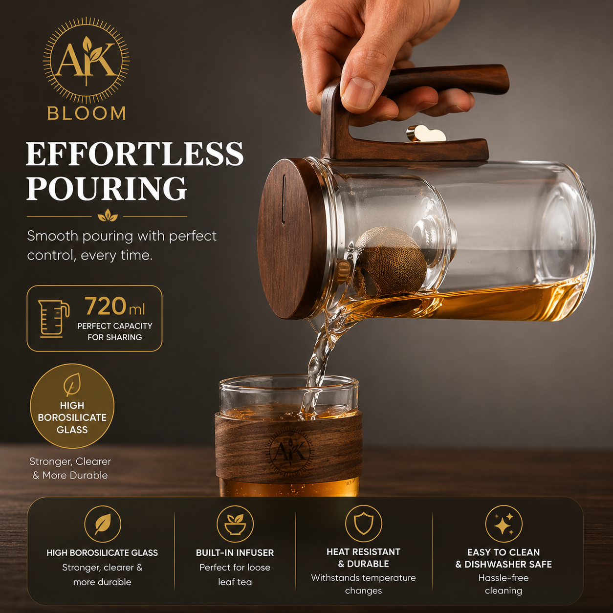 AK BLOOM 720ml Glass Teapot with Magnetic Infuser & Wooden Lid
