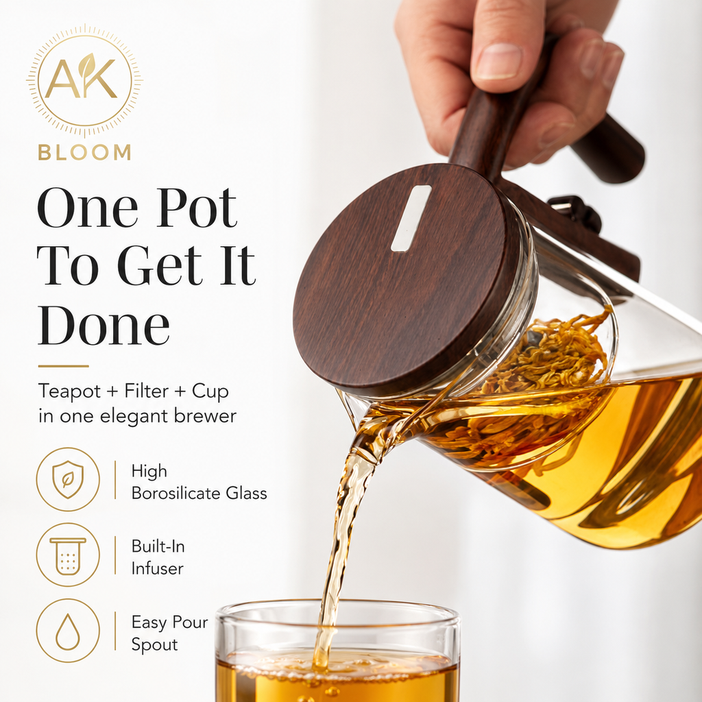 AK BLOOM 720ml Glass Teapot with Magnetic Infuser & Wooden Lid