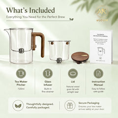 AK BLOOM 720ml magnetic glass tea maker with glass infuser, wood-grain lid and handle, and instruction manual