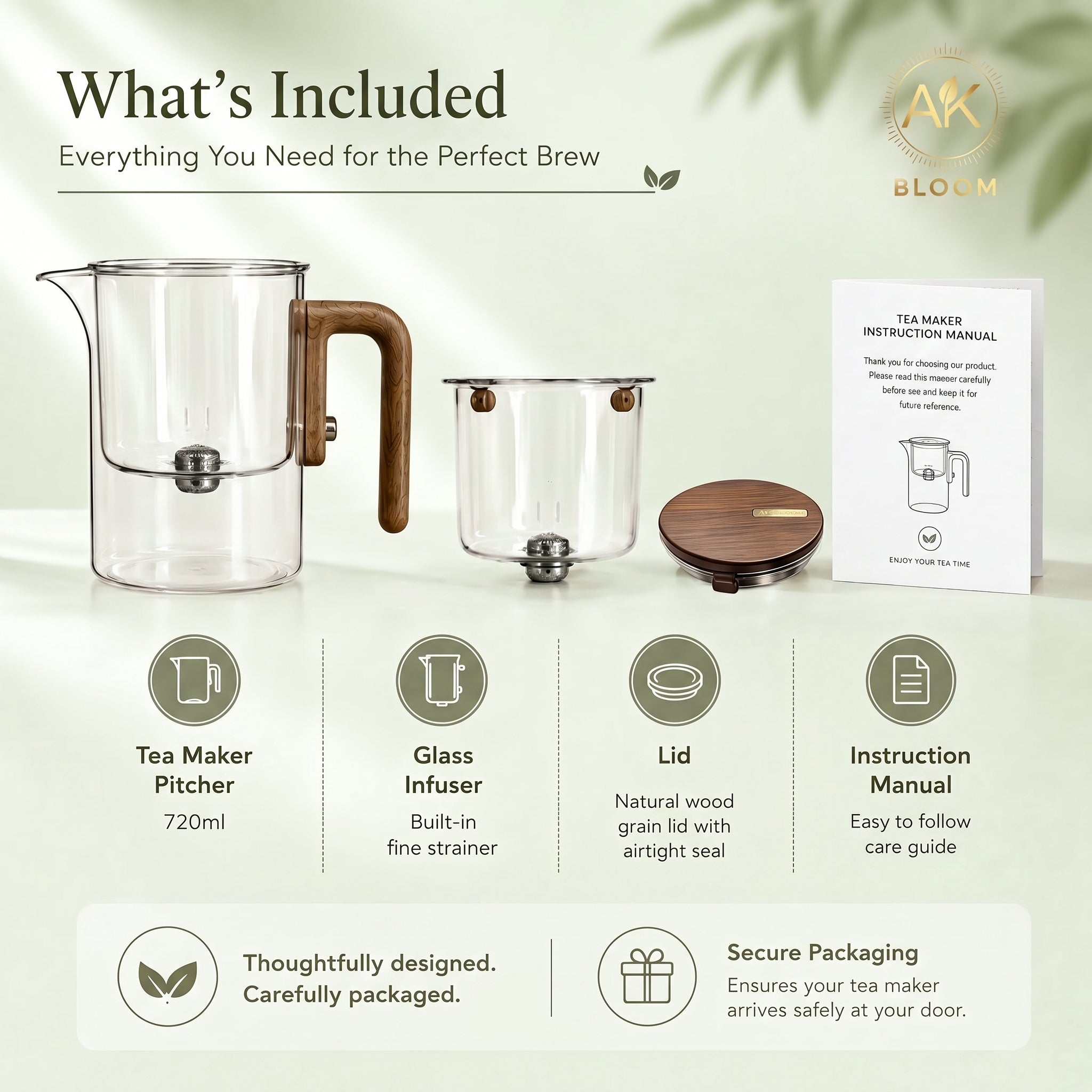 AK BLOOM 720ml Glass Teapot with Magnetic Infuser & Wooden Lid
