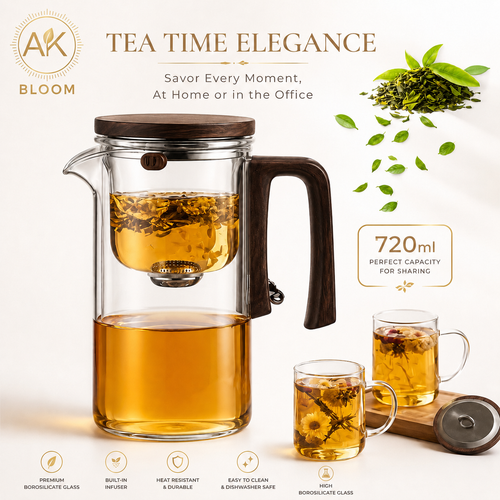 AK BLOOM 720ml Glass Teapot with Magnetic Infuser & Wooden Lid