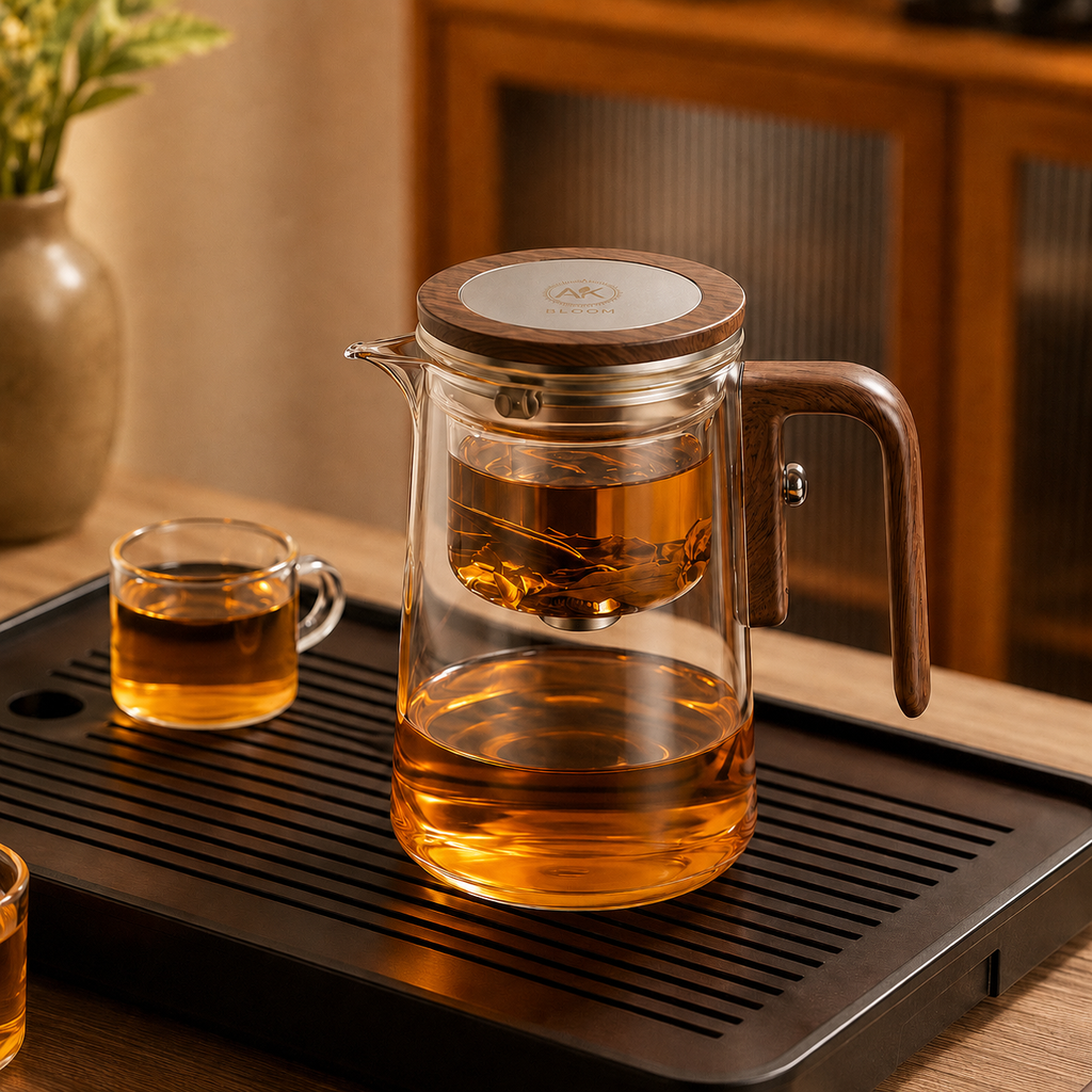 AK BLOOM Glass Teapot with Magnetic Infuser & Wooden Lid – 600ml or 800ml | Loose Leaf Tea Gift