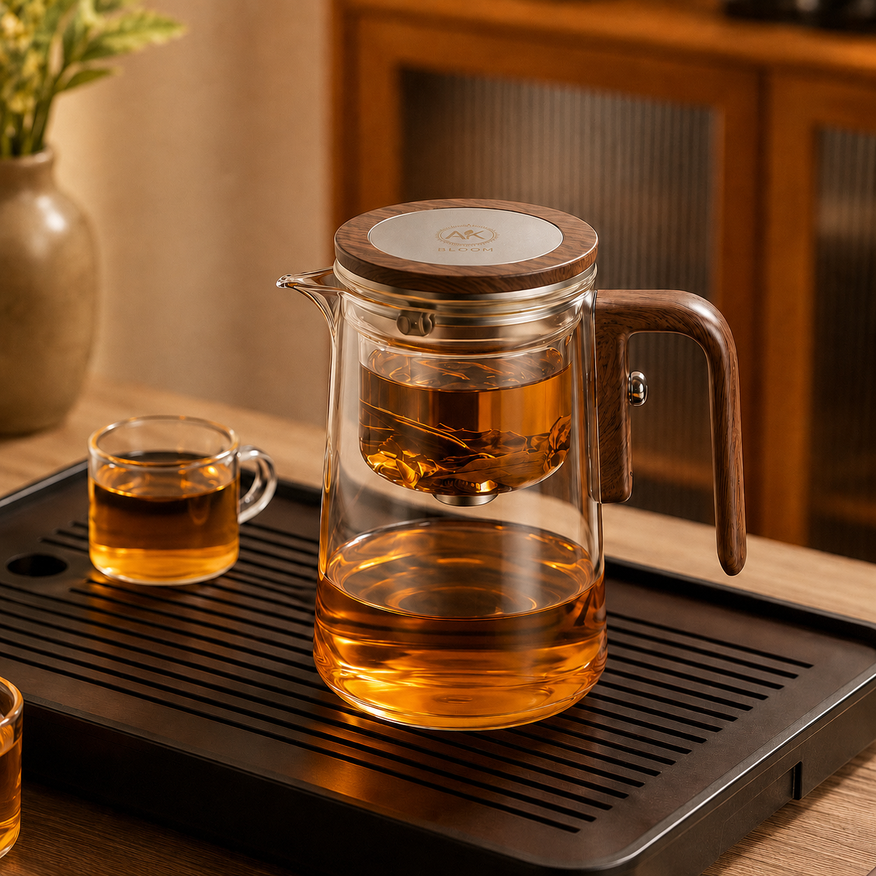 AK BLOOM Glass Teapot with Magnetic Infuser & Wooden Lid – 600ml or 800ml | Loose Leaf Tea Gift