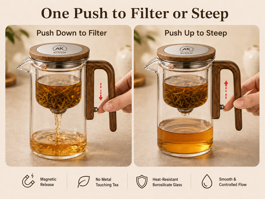 AK BLOOM Glass Teapot with Magnetic Infuser & Wooden Lid – 600ml or 800ml | Loose Leaf Tea Gift