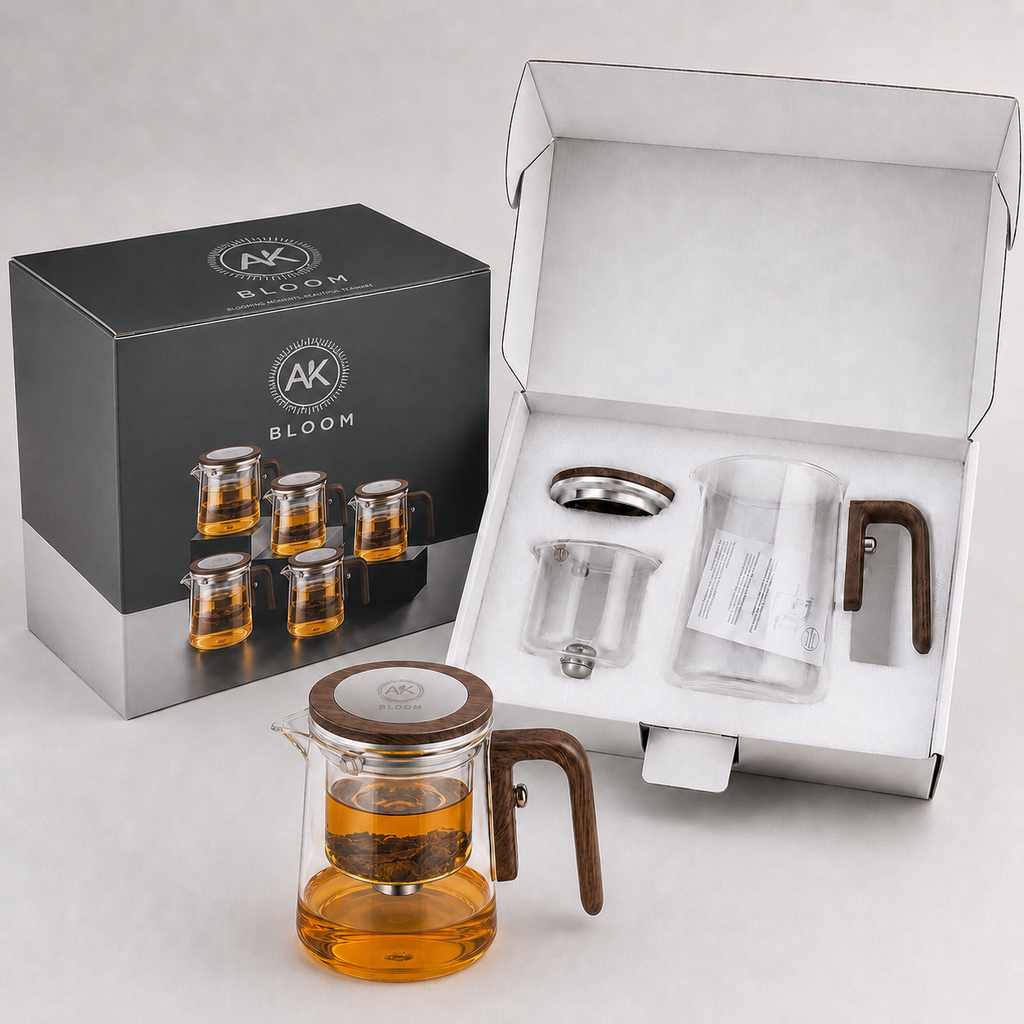 AK BLOOM Glass Teapot with Magnetic Infuser & Wooden Lid – 600ml or 800ml | Loose Leaf Tea Gift
