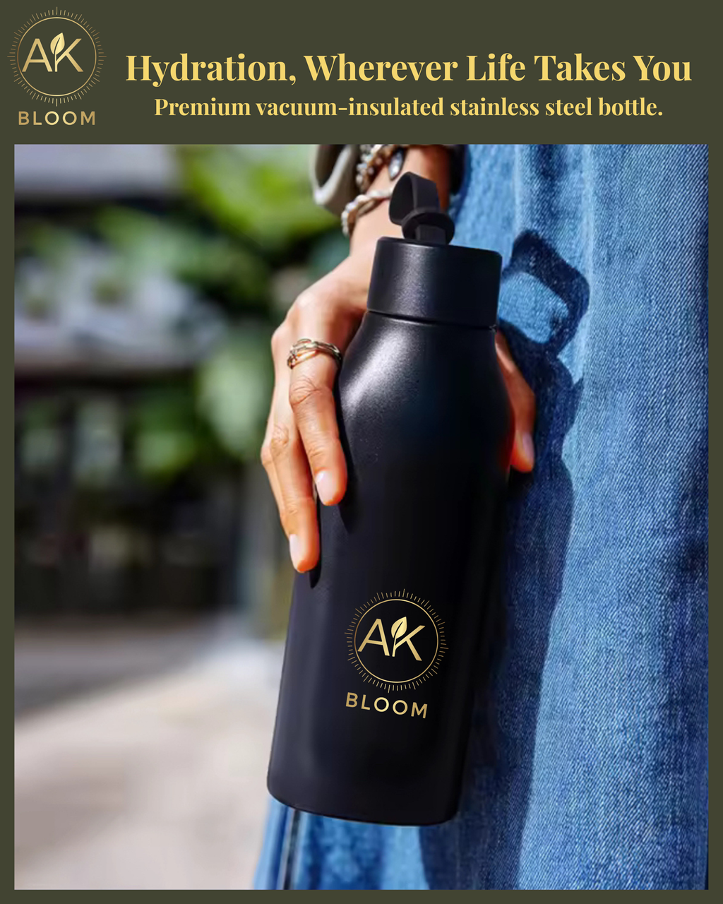 AK BLOOM Stainless Steel Insulated Square Water Bottle 600ml