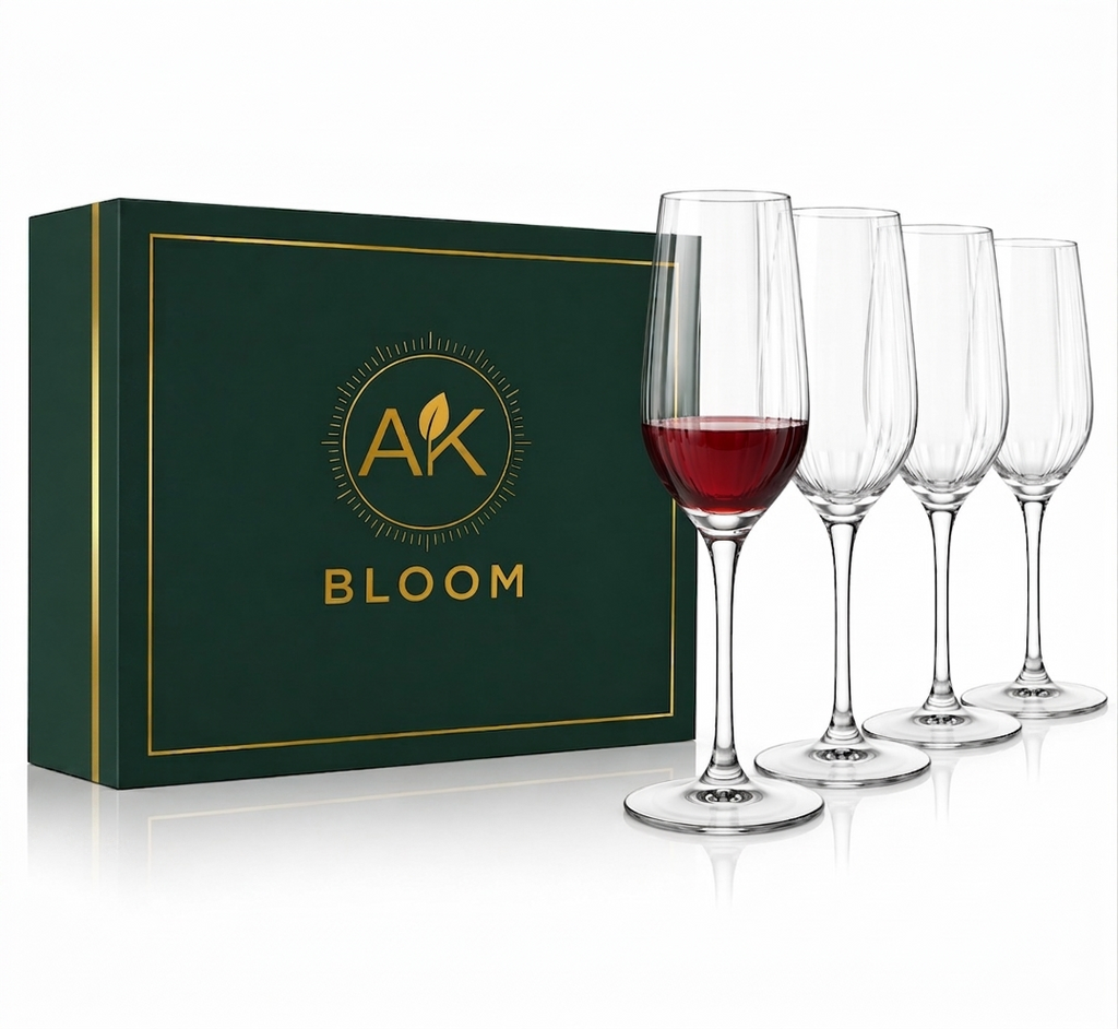 AK BLOOM Hand-Blown Ribbed Champagne Flutes (Set of 4) – 220ml Crystal-Clear Glassware with Gift Box