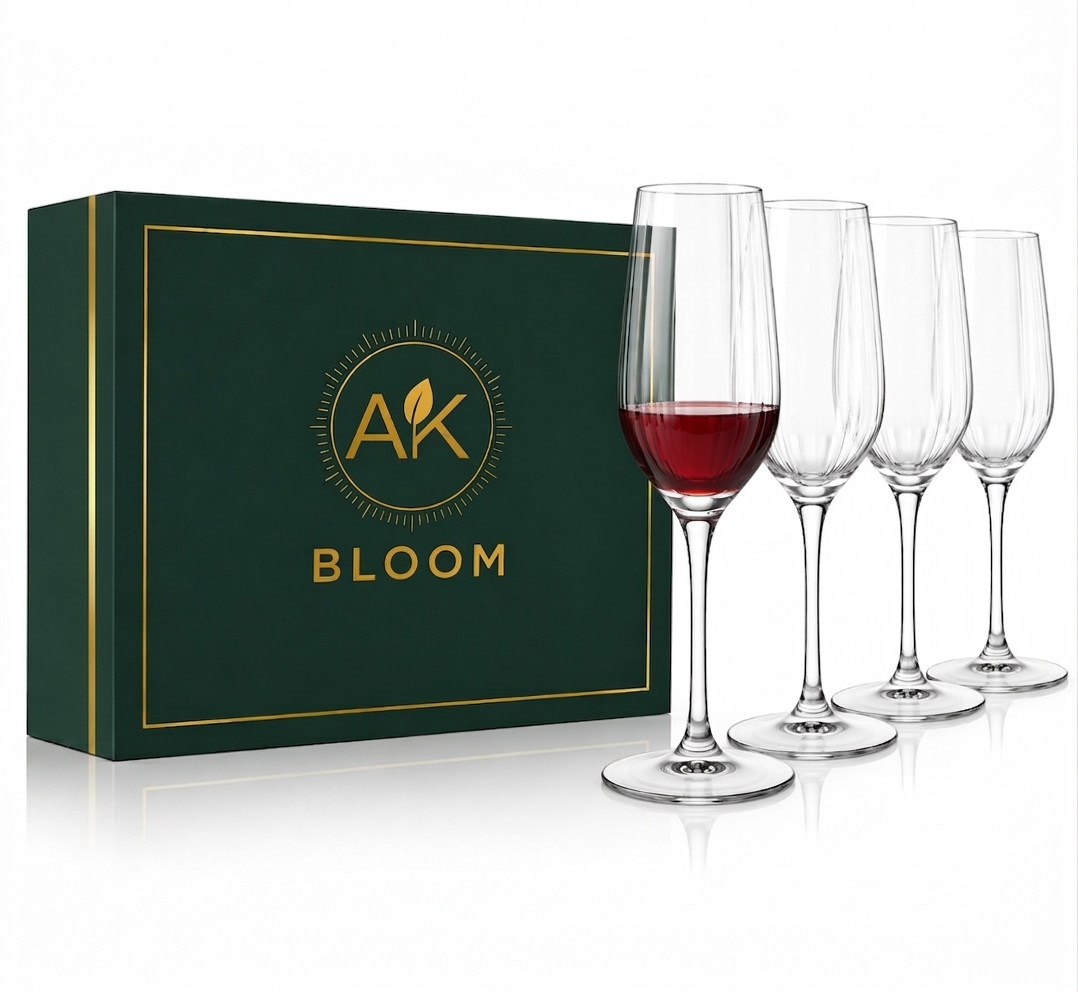 AK BLOOM Hand-Blown Ribbed Champagne Flutes (Set of 4) – 220ml Crystal-Clear Glassware with Gift Box