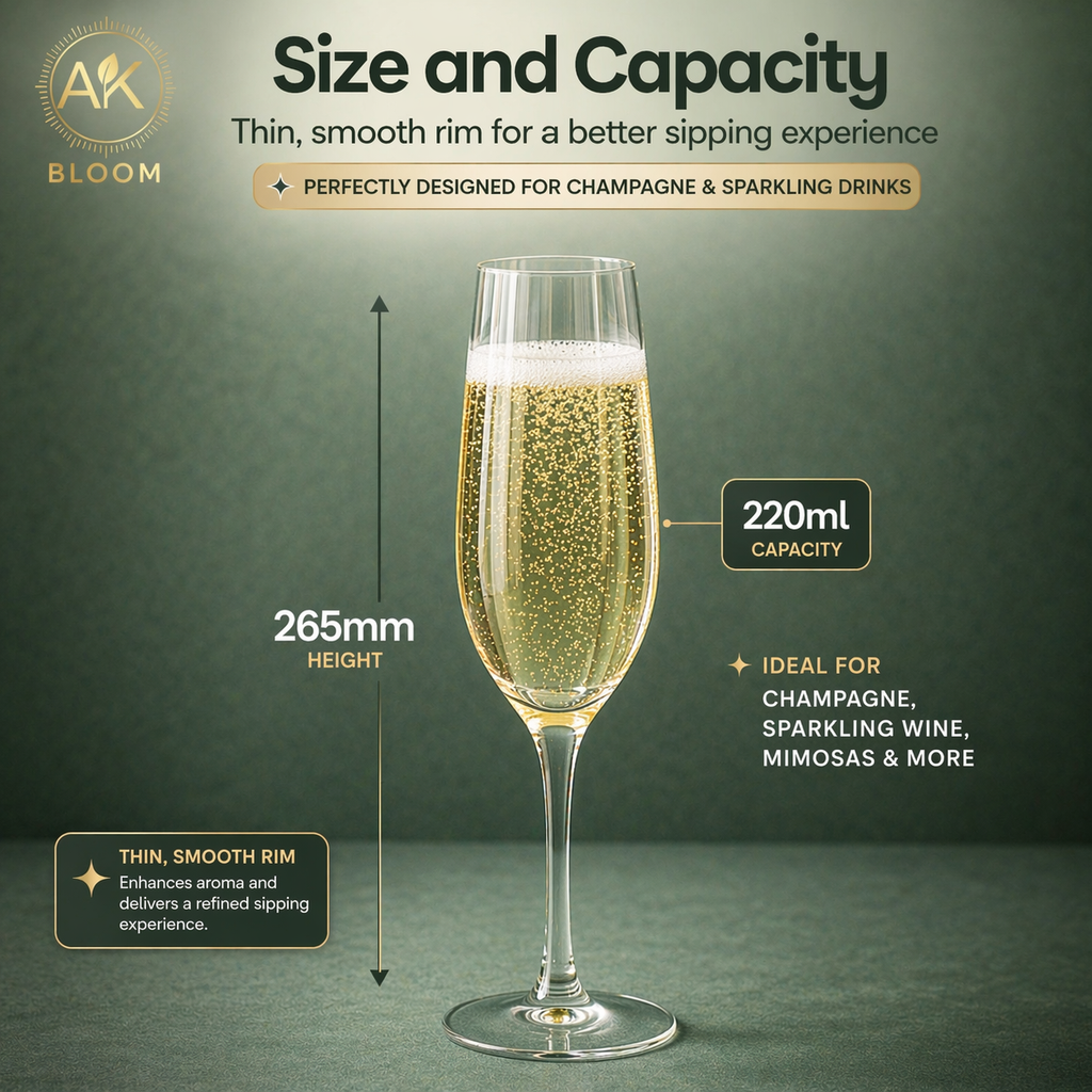 AK BLOOM Hand-Blown Ribbed Champagne Flutes (Set of 4) – 220ml Crystal-Clear Glassware with Gift Box