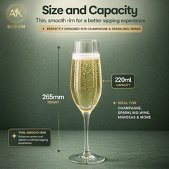 AK BLOOM 220ml ribbed champagne flute, 265mm tall with thin smooth rim