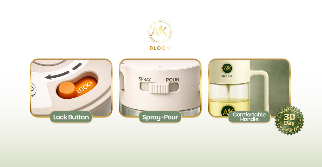 AK Bloom 2-in-1 Oil Sprayer & Pourer Bottle – 550ml Glass Dispenser for Olive Oil, Vinegar & Soy Sauce | Fine Mist Spray & Controlled Pour