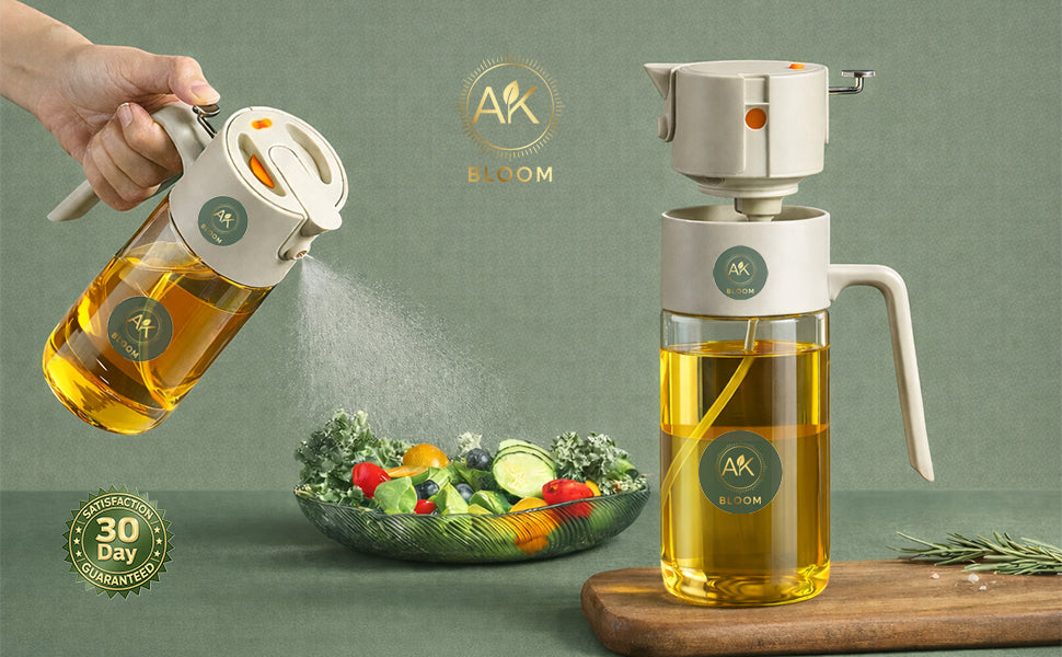 AK Bloom 2-in-1 Oil Sprayer & Pourer Bottle – 550ml Glass Dispenser for Olive Oil, Vinegar & Soy Sauce | Fine Mist Spray & Controlled Pour
