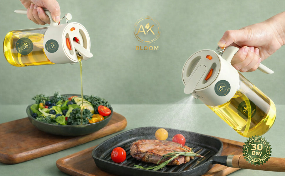 AK Bloom 2-in-1 Oil Sprayer & Pourer Bottle – 550ml Glass Dispenser for Olive Oil, Vinegar & Soy Sauce | Fine Mist Spray & Controlled Pour