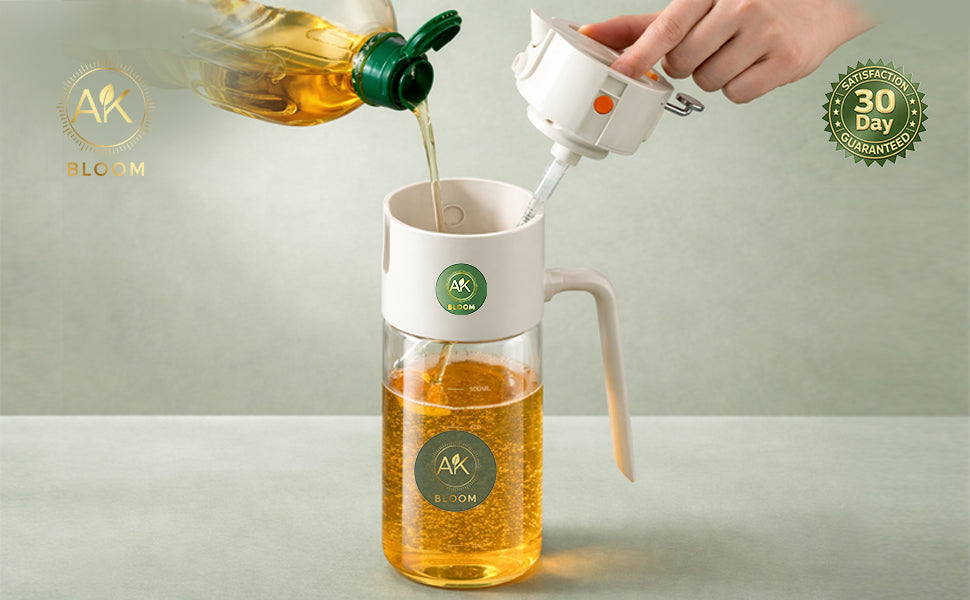 AK Bloom 2-in-1 Oil Sprayer & Pourer Bottle – 550ml Glass Dispenser for Olive Oil, Vinegar & Soy Sauce | Fine Mist Spray & Controlled Pour