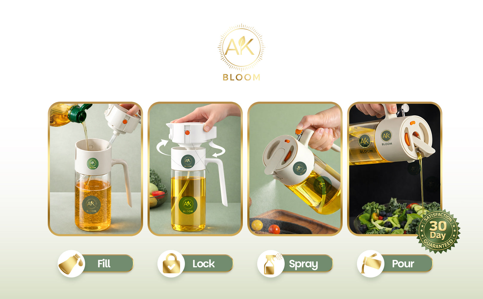 AK Bloom 2-in-1 Oil Sprayer & Pourer Bottle – 550ml Glass Dispenser for Olive Oil, Vinegar & Soy Sauce | Fine Mist Spray & Controlled Pour