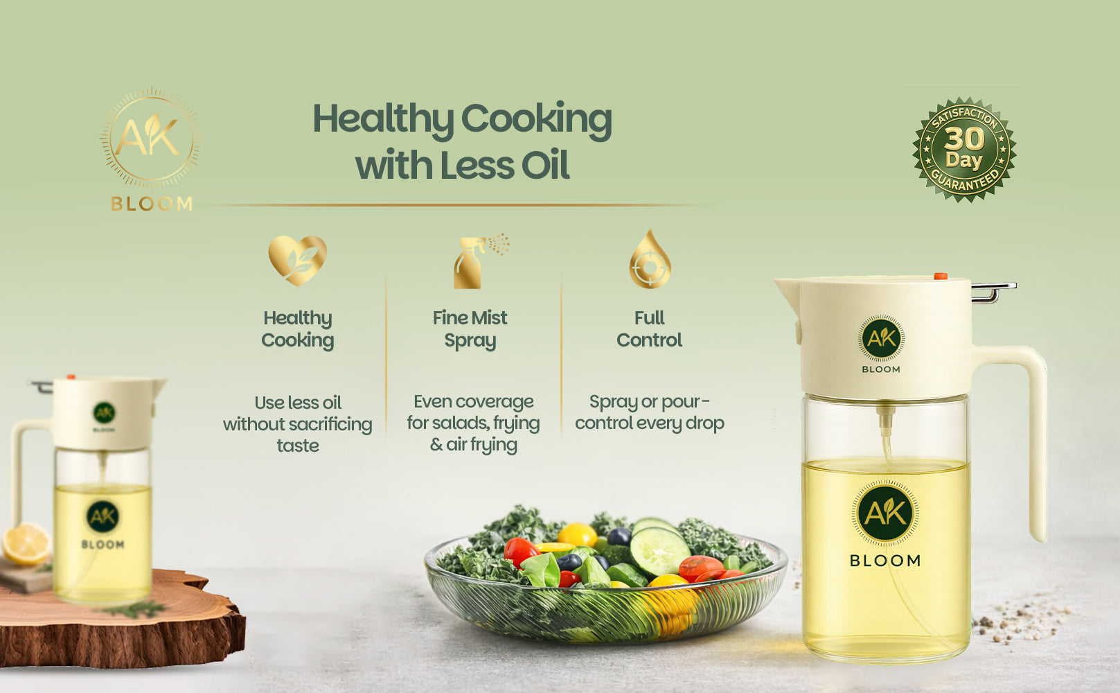 AK Bloom 2-in-1 Oil Sprayer & Pourer Bottle – 550ml Glass Dispenser for Olive Oil, Vinegar & Soy Sauce | Fine Mist Spray & Controlled Pour