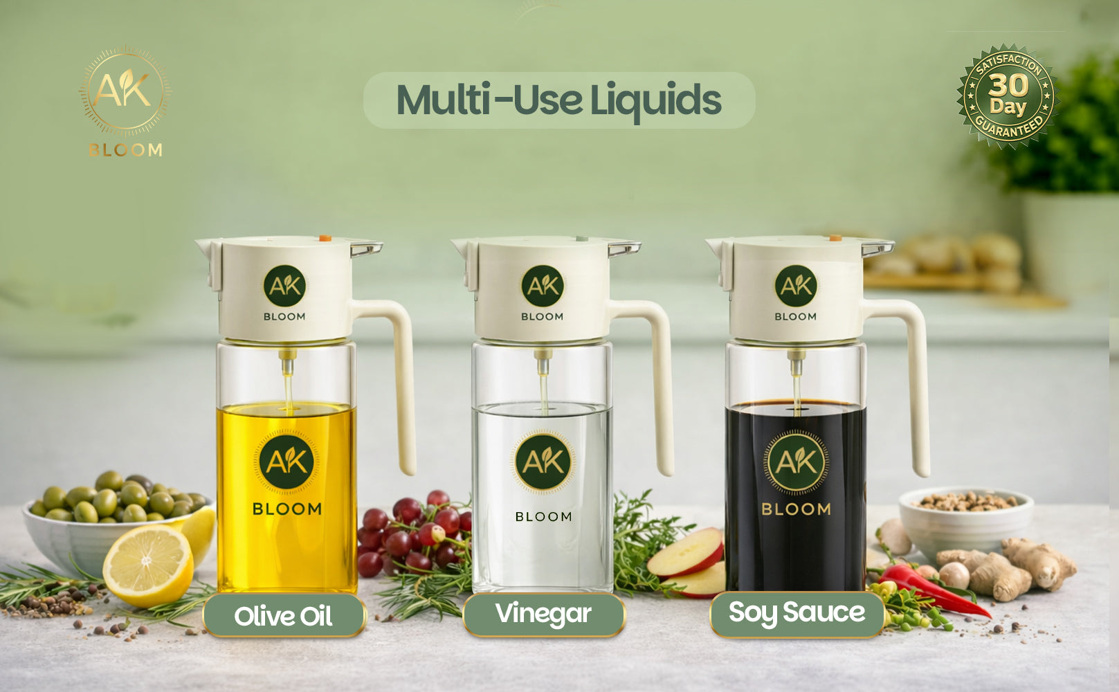 AK Bloom 2-in-1 Oil Sprayer & Pourer Bottle – 550ml Glass Dispenser for Olive Oil, Vinegar & Soy Sauce | Fine Mist Spray & Controlled Pour